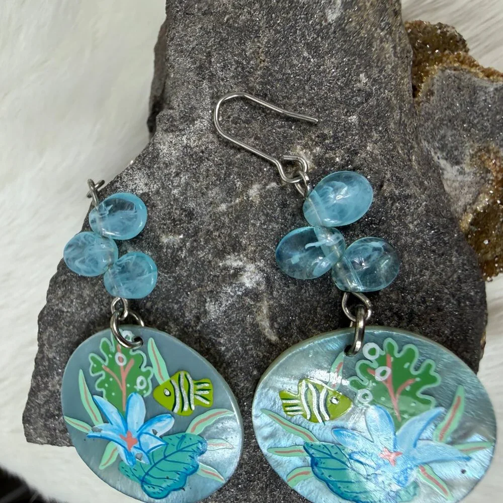 Hand Painted Fish Ocean Scene Dangle & Drop Pierced Earrings